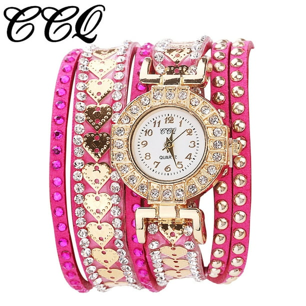 Lowest Price Gold Chunky Bangles Woman Fashion Leather Analog Quartz Round Wrist Watch Watches Bangle Sets for Women Yilush Walmart