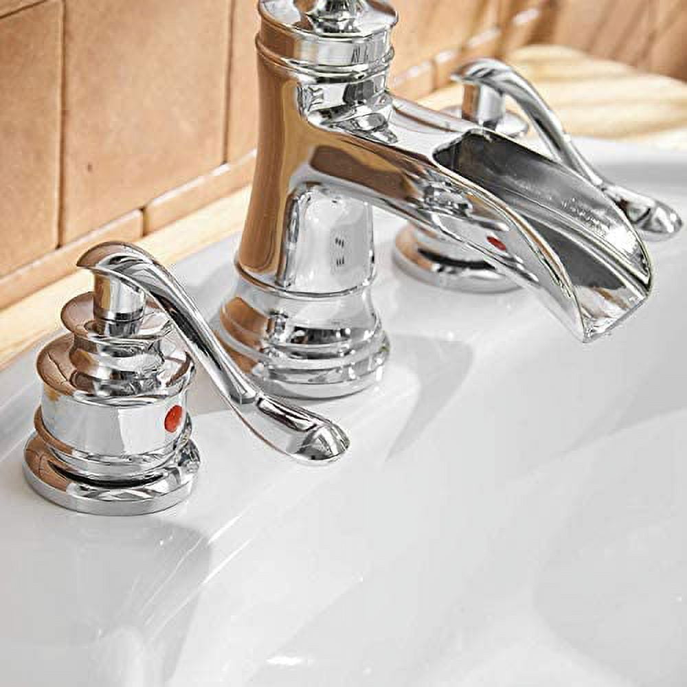 BWE 8 Inch Widespread Bathroom Faucet Chrome with Pop up Drain and Supply Hose Lead-Free Two-Handle 3 Holes Waterfall Bathroom Sink Faucet Lavatory Mi