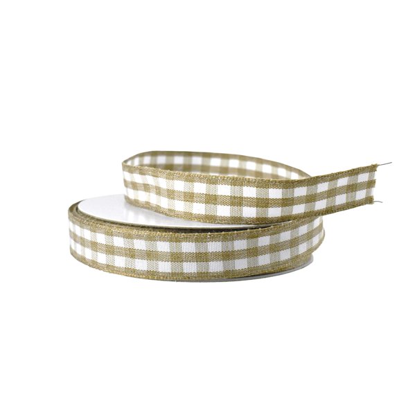 Natural Tan Classic Checkered Wired Ribbon, 5/8-Inch, 10-Yard - White