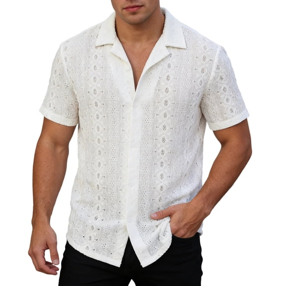 Daiosportswear Men'S Eyelets Summer Lapel Shirts - Loose Button Down Short Sleeve Hawaiian Beach Shirts White M(M)