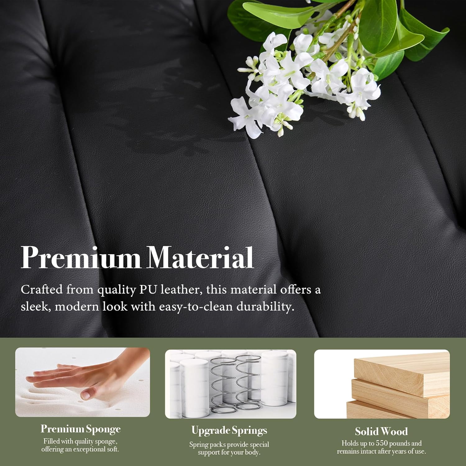 LAZZO 57" Loveseat Sofa, Faux Leather Tufted Couch with USB Ports and Side Pockets, Black