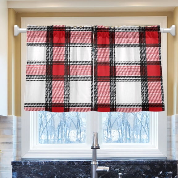 Ryvnso Plaid Red Checkered Half Curtains Sets Tier 2 Panels Short Curtain Rod Pocket 27"W x 24"L
