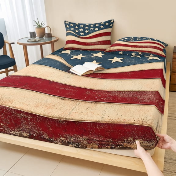 Twin Sze Fitted Sheet Set - Vintage American Flag 2 Piece Bedding Sets 16" Deep Pocket Fitted Sheet with 1 Pillowcase, Blue Red White Star US Flag Brushed Microfiber Hotel Luxury Bed Sheets