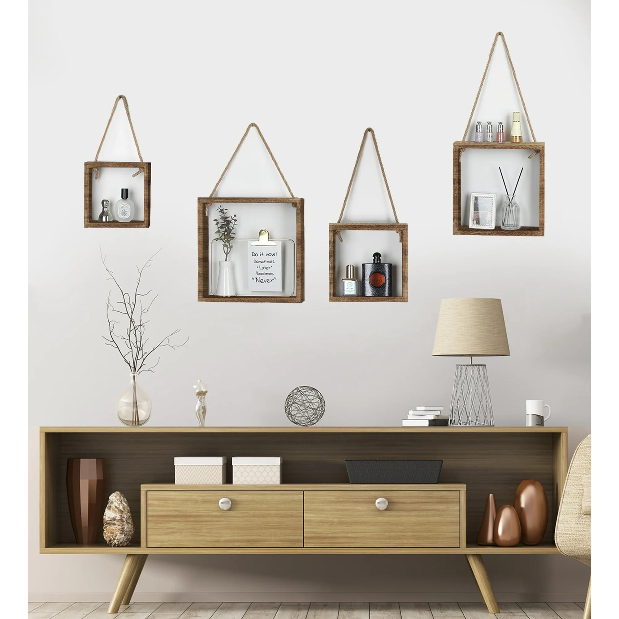 TEAFIRST Set of 4 Floating Hanging Square Shelves, Wall Mounted Rustic Wood Shelf for Living Room