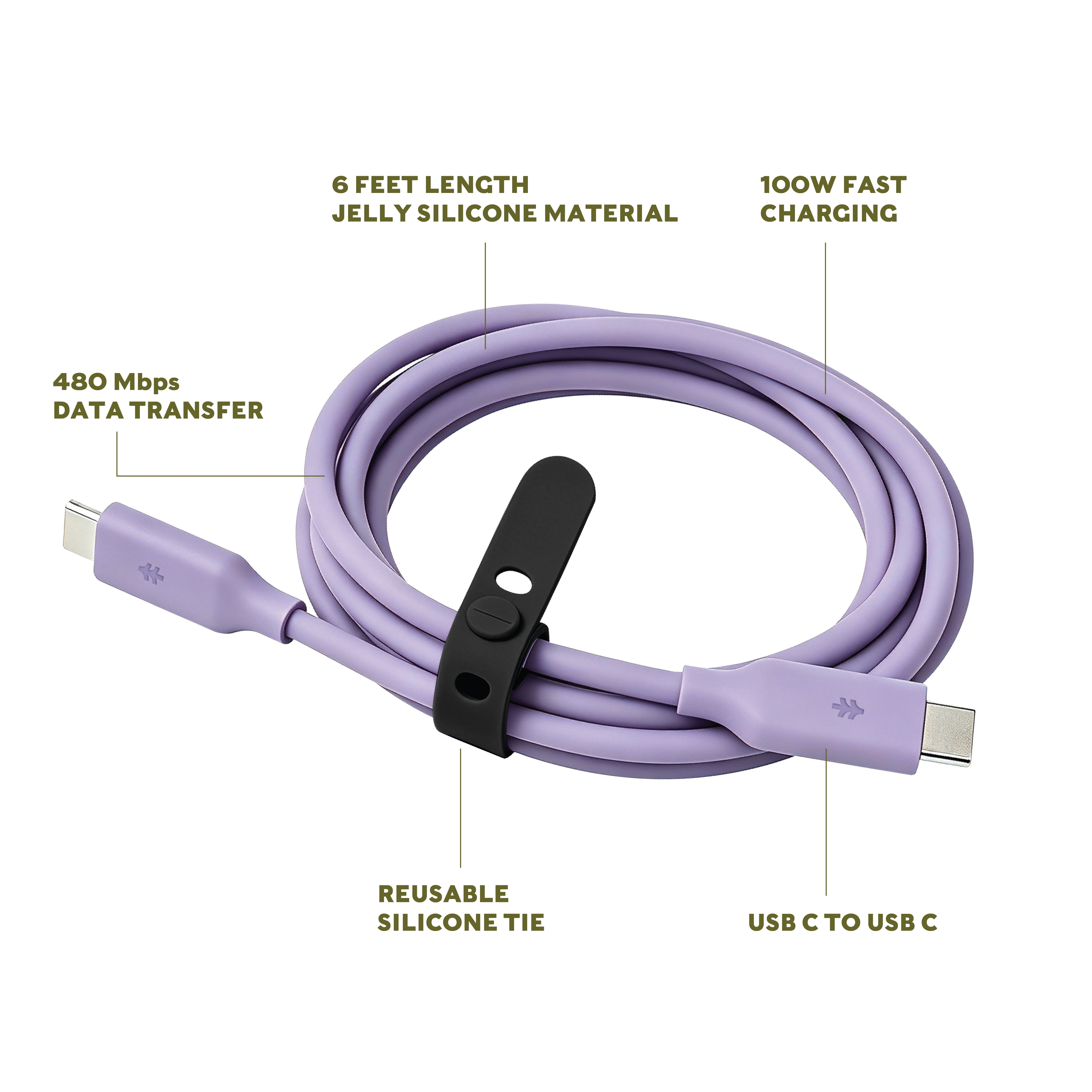Swiss Tech Kabel S100 6 ft 100W Soft Touch USB-C to USB-C Charging Cable, Myrtle Purple