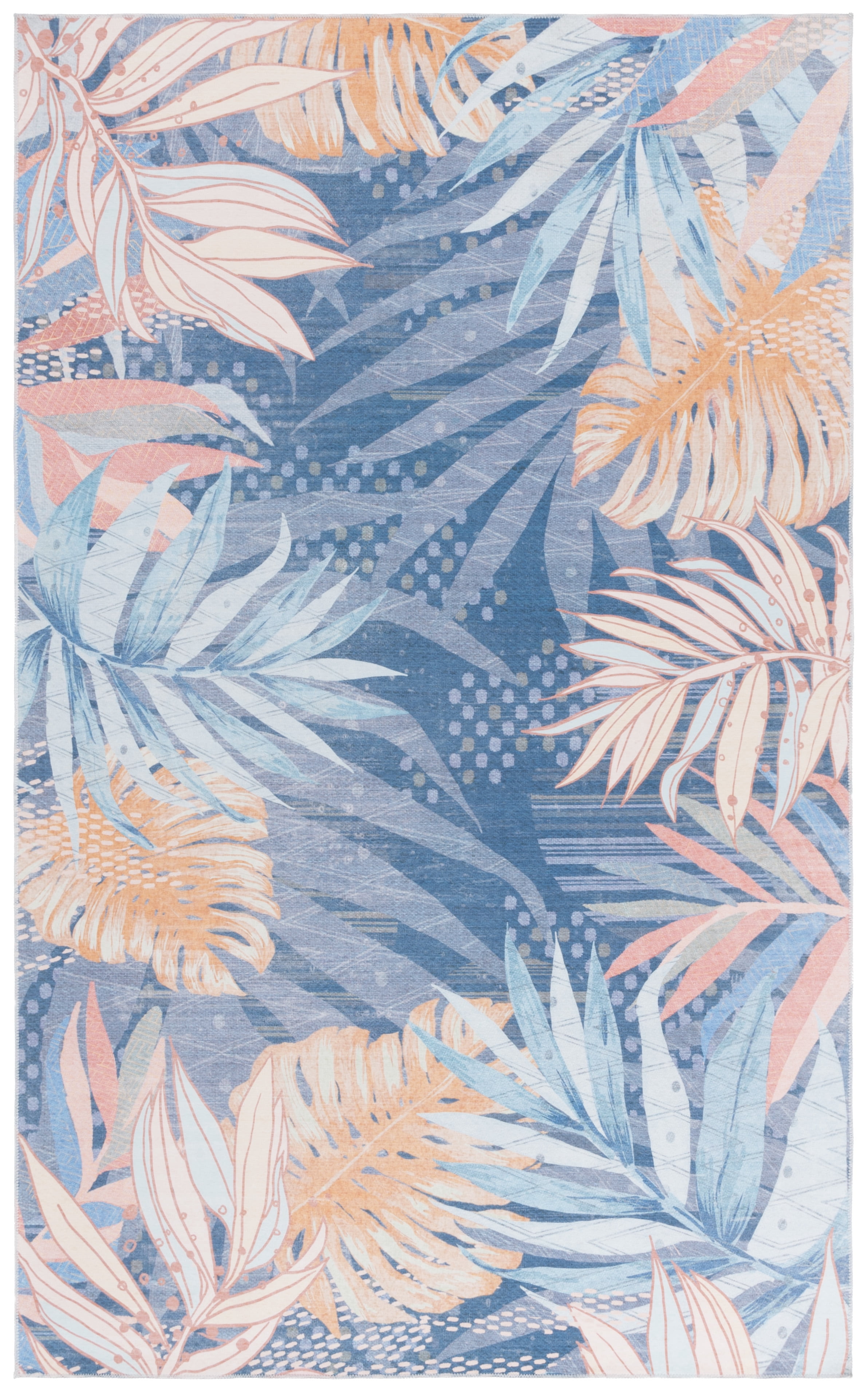 SAFAVIEH Malibu Daffodil Leaves Polyester Machine Washable Area Rug, Blue/Light Blue, 3' x 5'
