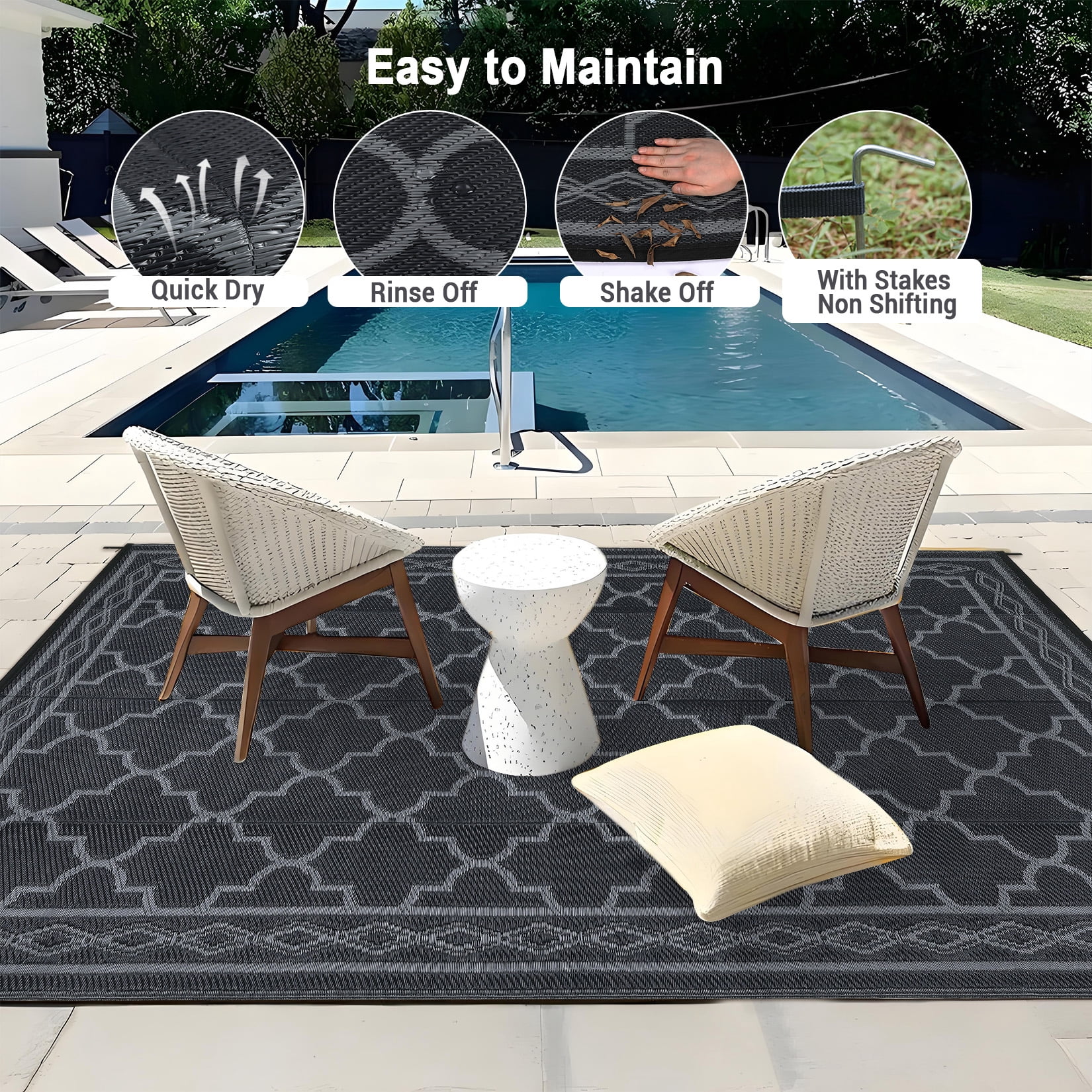 HOMERRY Geometric Moroccan Outdoor Rug Straw Plastic Area Rug for Balcony Pool RV Waterproof Reversible Carpet, Gray/Black, 9'x 18'