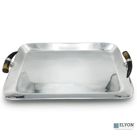 ELYON 21" Rectangular Serving Tray with Horn Handles, Handmade Silver Platter