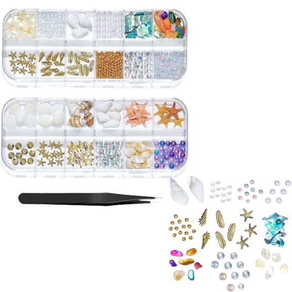 2 Boxes Ocean Blue Nail Gems - 3D Shell & Starfish Charms - Natural Material Studs & Rivets - DIY Summer Beach Nail Art Decorations