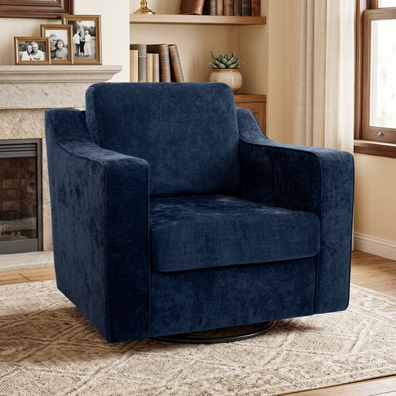 COOLHUT Swivel Accent Chair, Linen Fabric Modern Upholstered Armchair with Plump Back Pillow, Comfort Barrel Reading Chair for Living Room Bedroom, Navy Blue