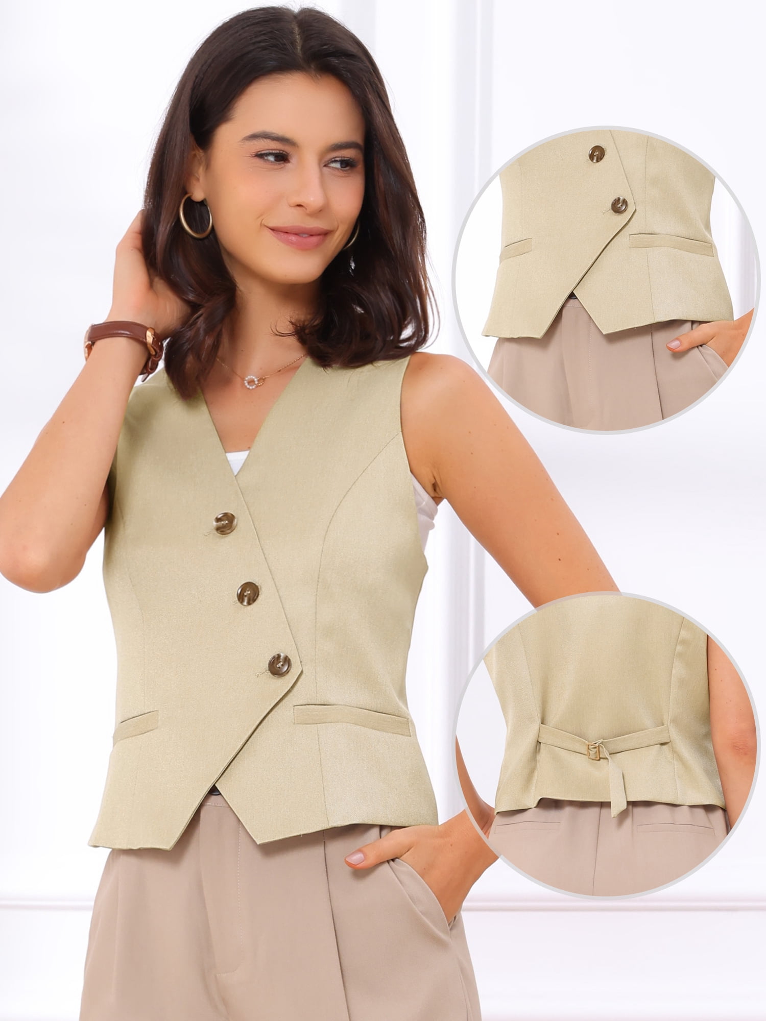 DARING DIVA Womens Sleeveless Suit Vest V-Neck Button-Down Blazer Waistcoat L Khaki