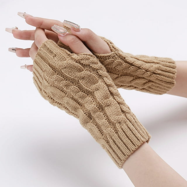 Nvzi Conjunto de 2 pares de guantes cálidos de punto para el invierno, adecuados para niños y niñas, guantes cálidos sin pulgares (amarillo claro)