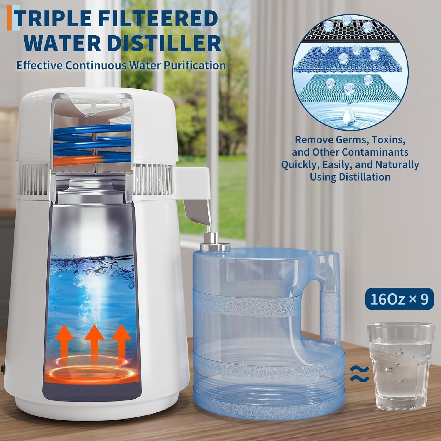 LIZHOUMIL Countertop Water Distiller 4L/6L, 750W-900W Stainless Steel, Plastic/Glass Jug
