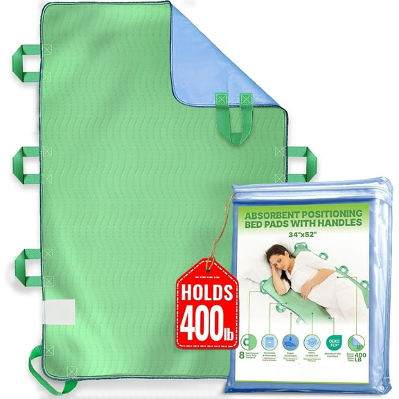 Absorbent Positioning Bed Pad with Handles 34" X 52"- Washable, Waterproof Incontinence Bed Pads - Reusable Bed Mobility Under Pads to Aid Seniors, Disabled & Bedridden Patients - Fast-Drying