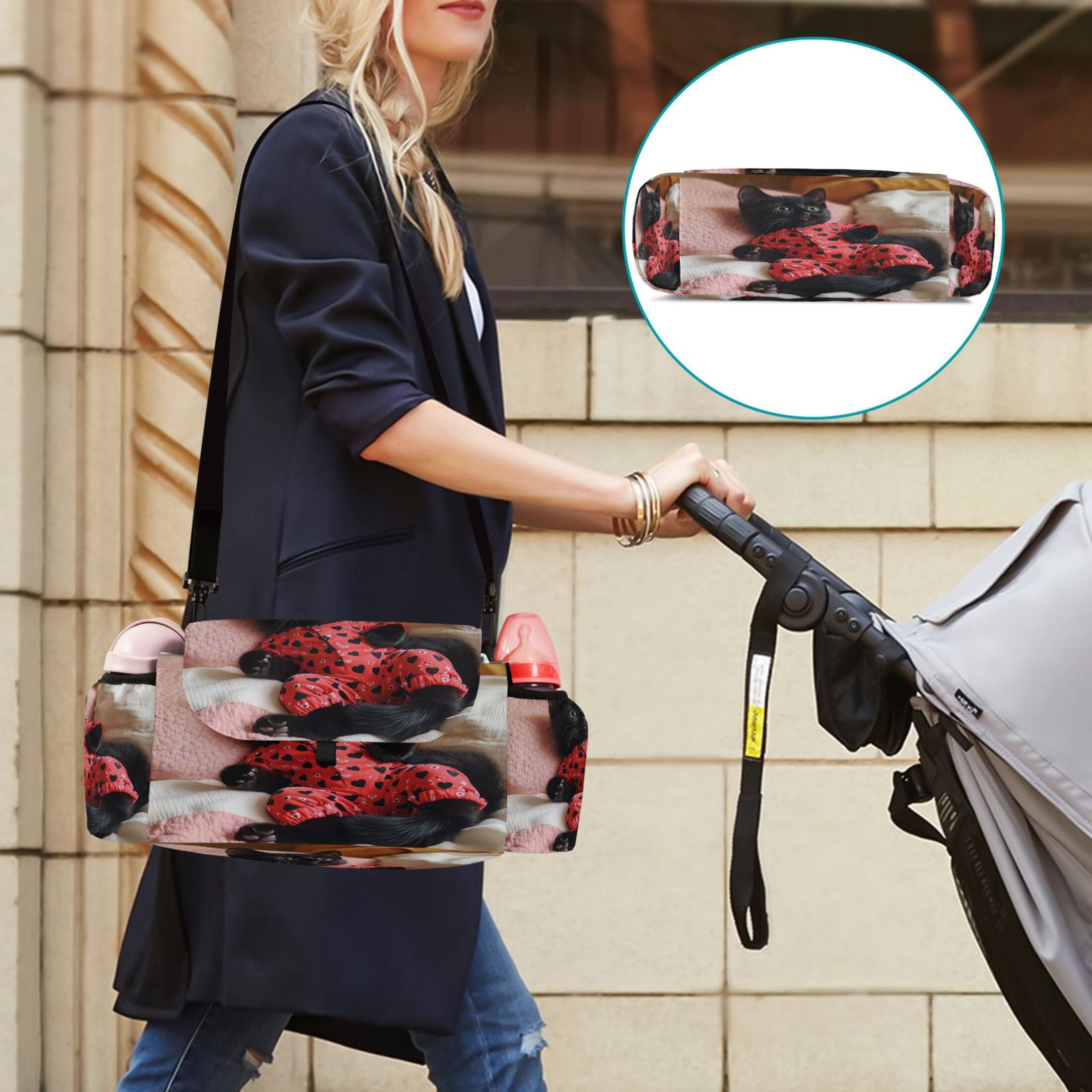 DIXRUYEE Stroller Organizer Charming Kitten in Heart Pajamas Printed