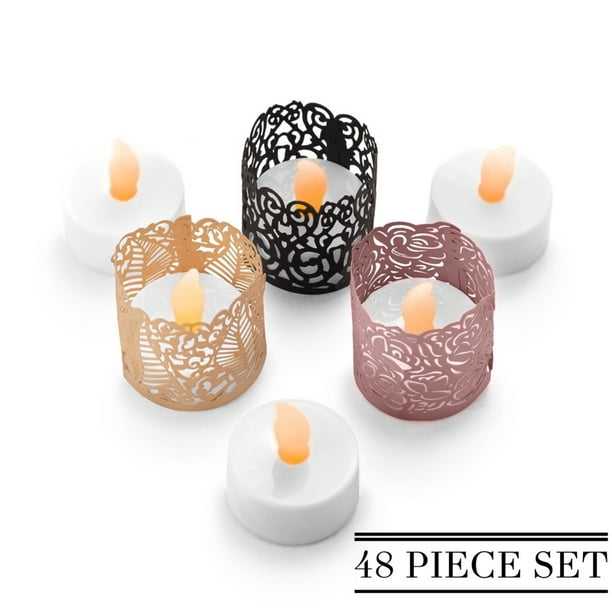 24 TEA LIGHT & DECORATIVE HOLDERS SET 24 Flickering LED Battery