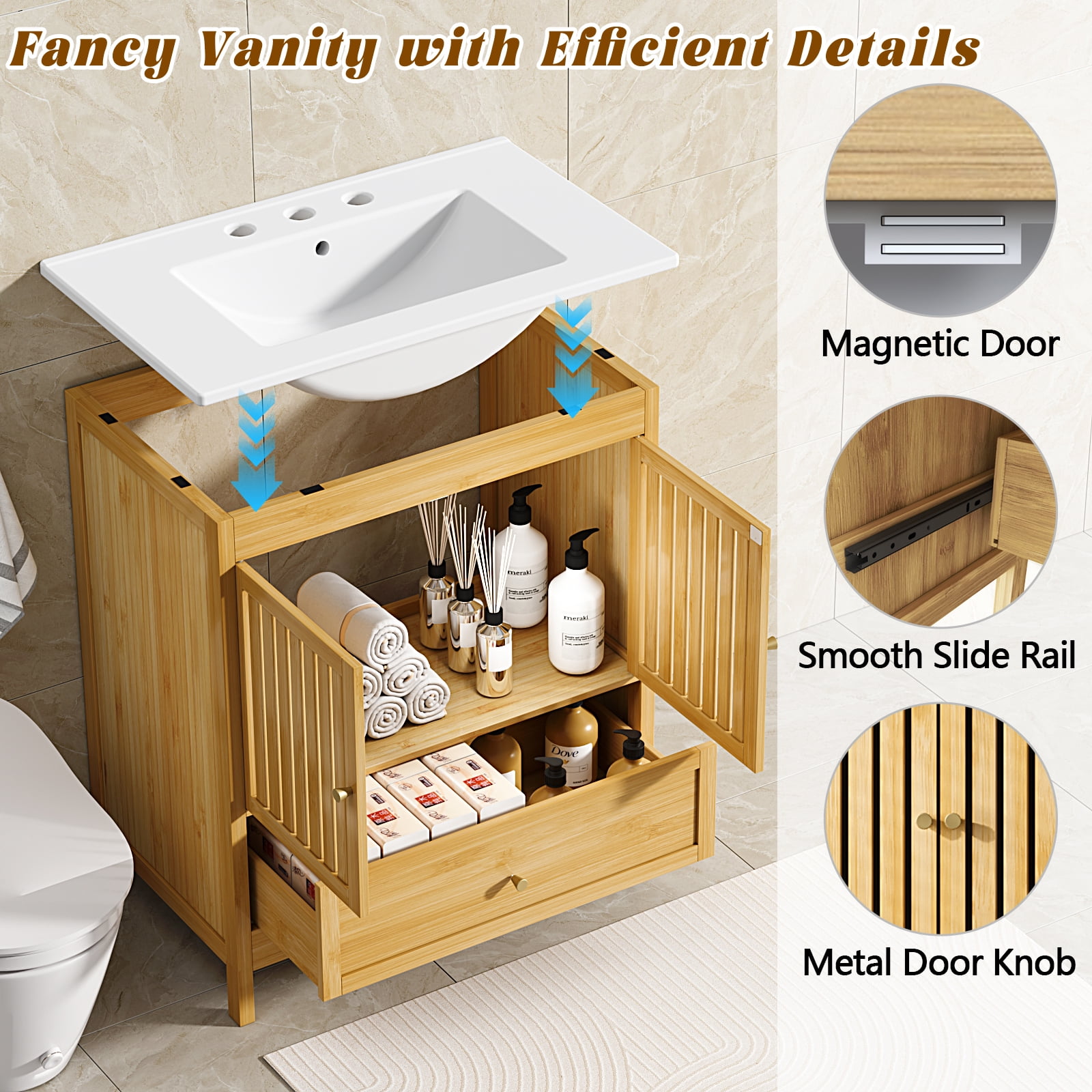 EVOKEDEN 30" Bathroom Vanity w/ Single Sink, Farmhouse Bamboo Storage Cabinet w/ Large Drawer & Built-in Shelves