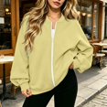 thumbnail image 3 of Full Zip Up Sweatshirt Women No Hood Oversized Loose Casual Long Sleeve V Neck Jacket Fall Winter Sweatshirt Khaki S, 3 of 8