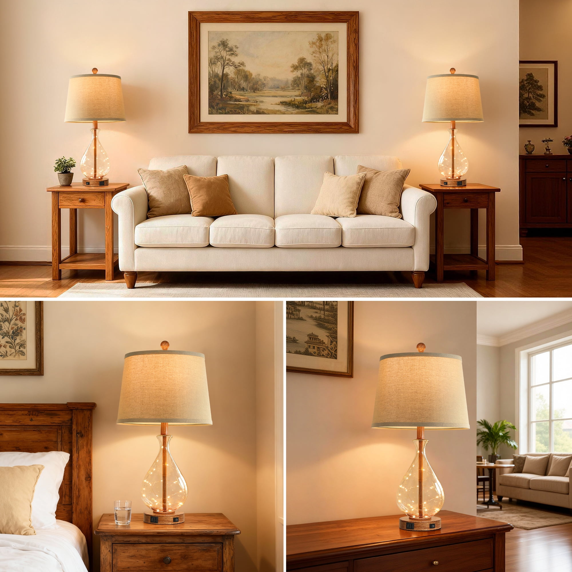 Farmhouse Table Lamps Set of 2 with Night Light, Mid Century Modern Bedside Lamps for Living Room, Glass Nightstand Lamp with USB A+C Ports, Rustic Vintage Table Lamp for Bedroom