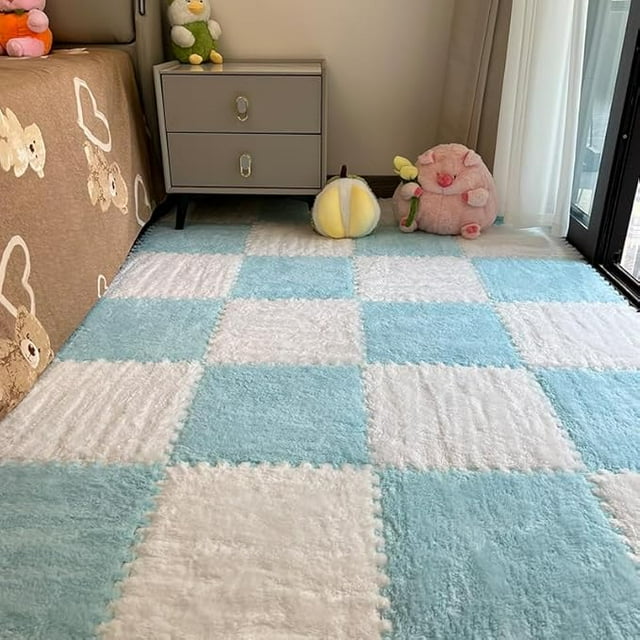 Milk Velvet Patchwork Rugs, Plush Puzzle Foam Floor Mat, Puzzle Floor Mat Tiles, Carpet Tiles with Padding, Anti-Slip Rug Puzzle Mats for Floor (Light Blue+White,20pcs)