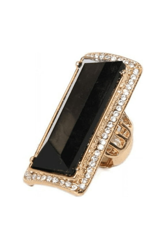 Rhinestone Trimmed Black Stone Geometric Stretch Cocktail Ring