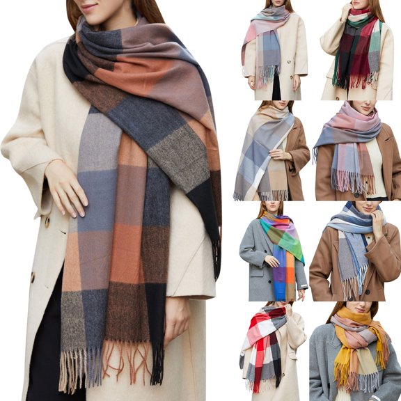 Ljudmp Womens Winter Grid Shawls Wraps Ladies Scarf Warm Scarves Long Large Scarves Knit Tassel Lattice Splicing Blanket Scarf Brown