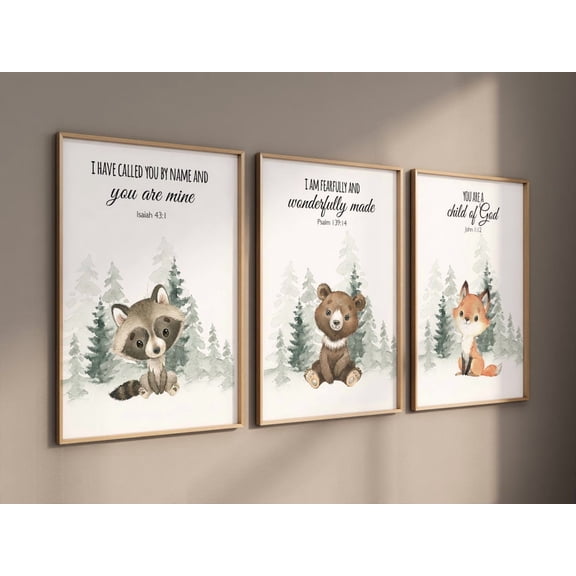 UNFFRAMED Luvia Woodland Nursery Wall Art Set of 3, Bear Fox Deer Prints with Inspirational Quote, Neutral Baby Room Decor Set 3 Prints 8x12