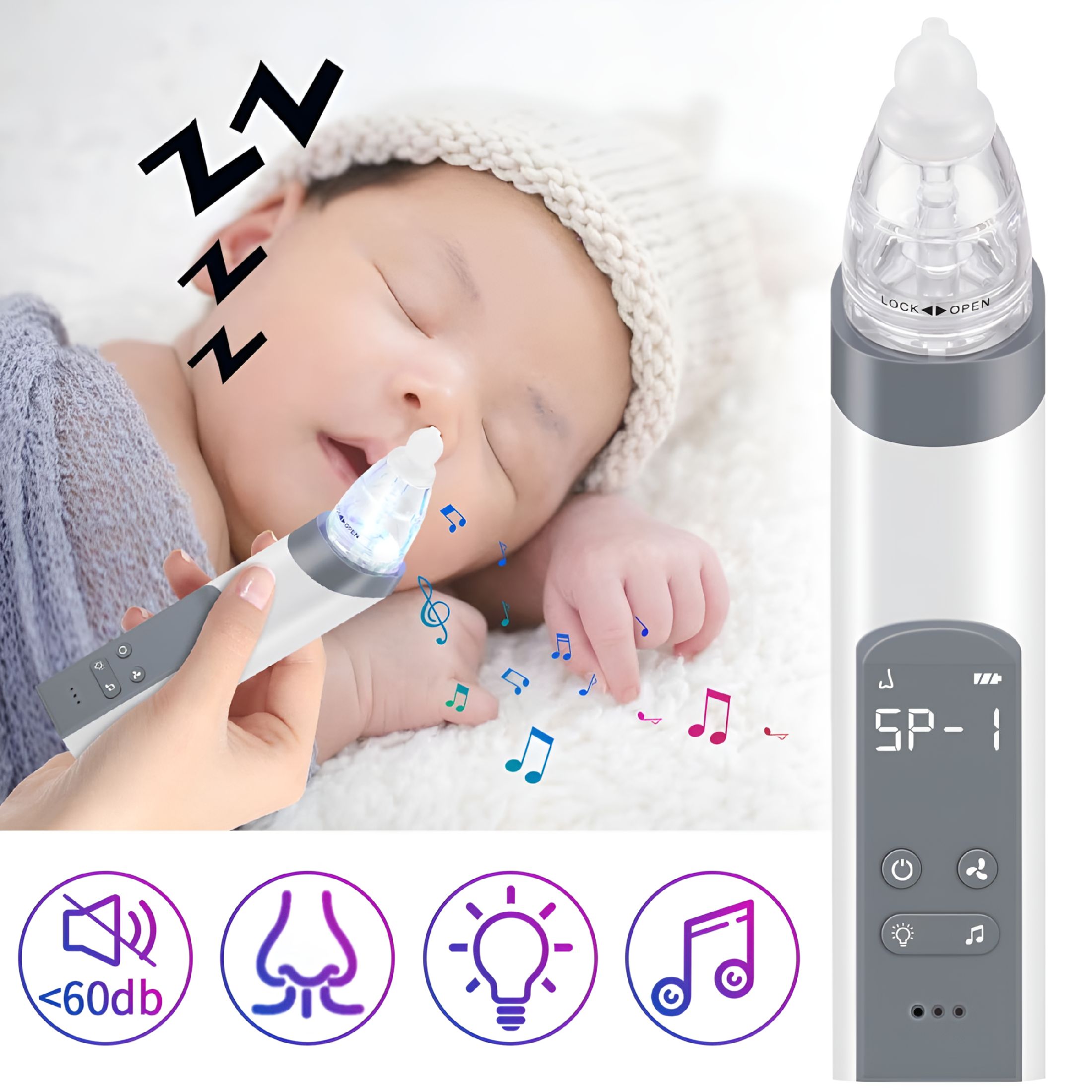 XIRQI 2026 New Electric Nasal Aspirator Baby Sucker for Nose,Baby Booger Remover Rechargeable with 3 Silicone Tips Adjustable Suction,Music and Light Soothing,Gray
