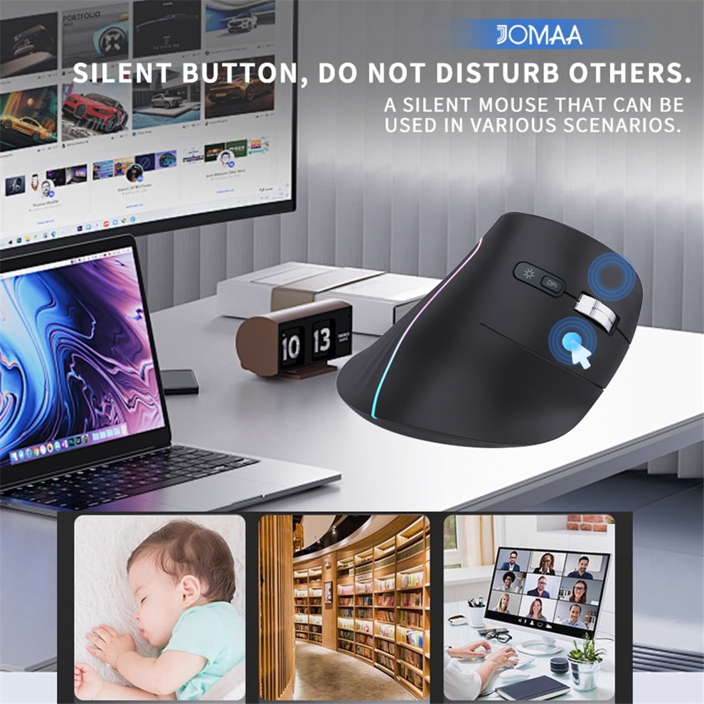 JOMAA RGB Backlit Wireless Vertical Mouse Bluetooth 5.0 2.4G Ergonomic 4000DPI 6 Mute Buttons for MacBook Tablet Laptops