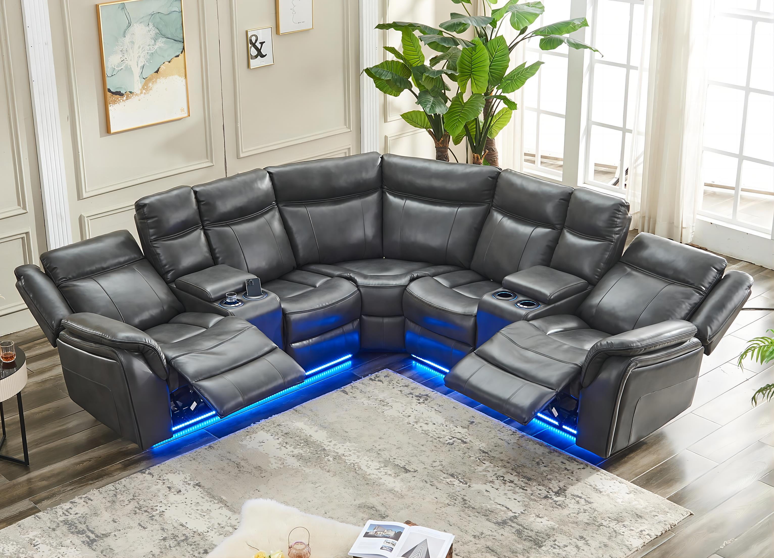 Recliner Sofa Sets with LED Lights,Faux Leather Reclining Sectional Couch for Living Room Furniture Sets with USB Port,Storage Console,Cup Holders Gray