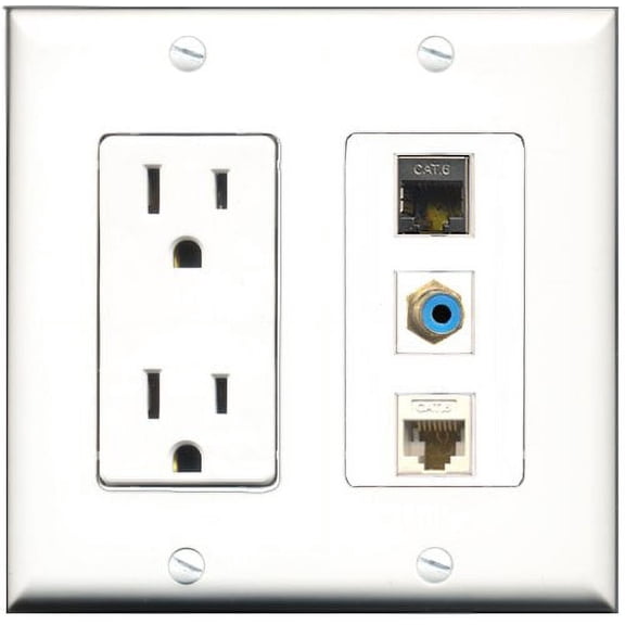 RiteAV - 15 Amp Power Outlet 1 Port RCA Blue 1 Port Shielded Cat6 Ethernet Ethernet 1 Port Cat6 Ethernet Ethernet White Decorative Wall Plate