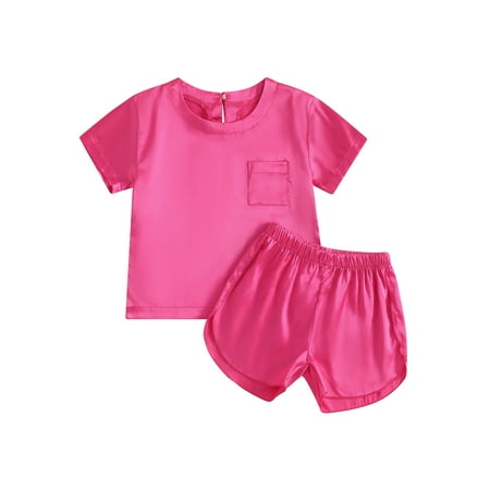 

Bmnmsl Kids Girl 2Pcs Silk Satin Pajama Set Short Sleeve Round Neck Tops + Shorts Set Toddler Sleepwear Loungewear Summer Outfits