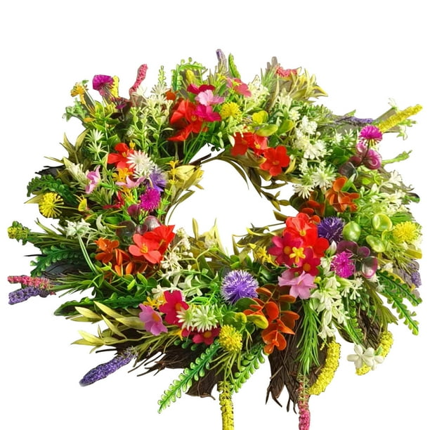 Corona de flores de primavera y verano para puerta de entrada, simulación de flores secas, ranúnculo, planta verde, flor eterna.