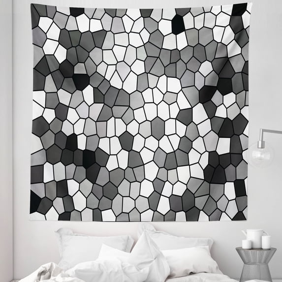 Black and Grey Tapestry, Stained Glass Pattern with Abstract Composition Mosaic, Fabric Wall Hanging Decor for Bedroom Living Room Dorm, 5 Sizes, Charcoal Grey White, by Ambesonne