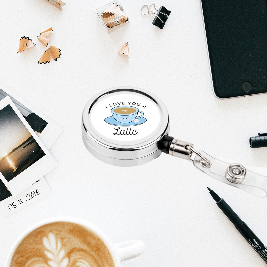 Koyal Wholesale Retractable Badge Reel Holder With Clip, I Love You A Latte, Funny Food Pun Anime