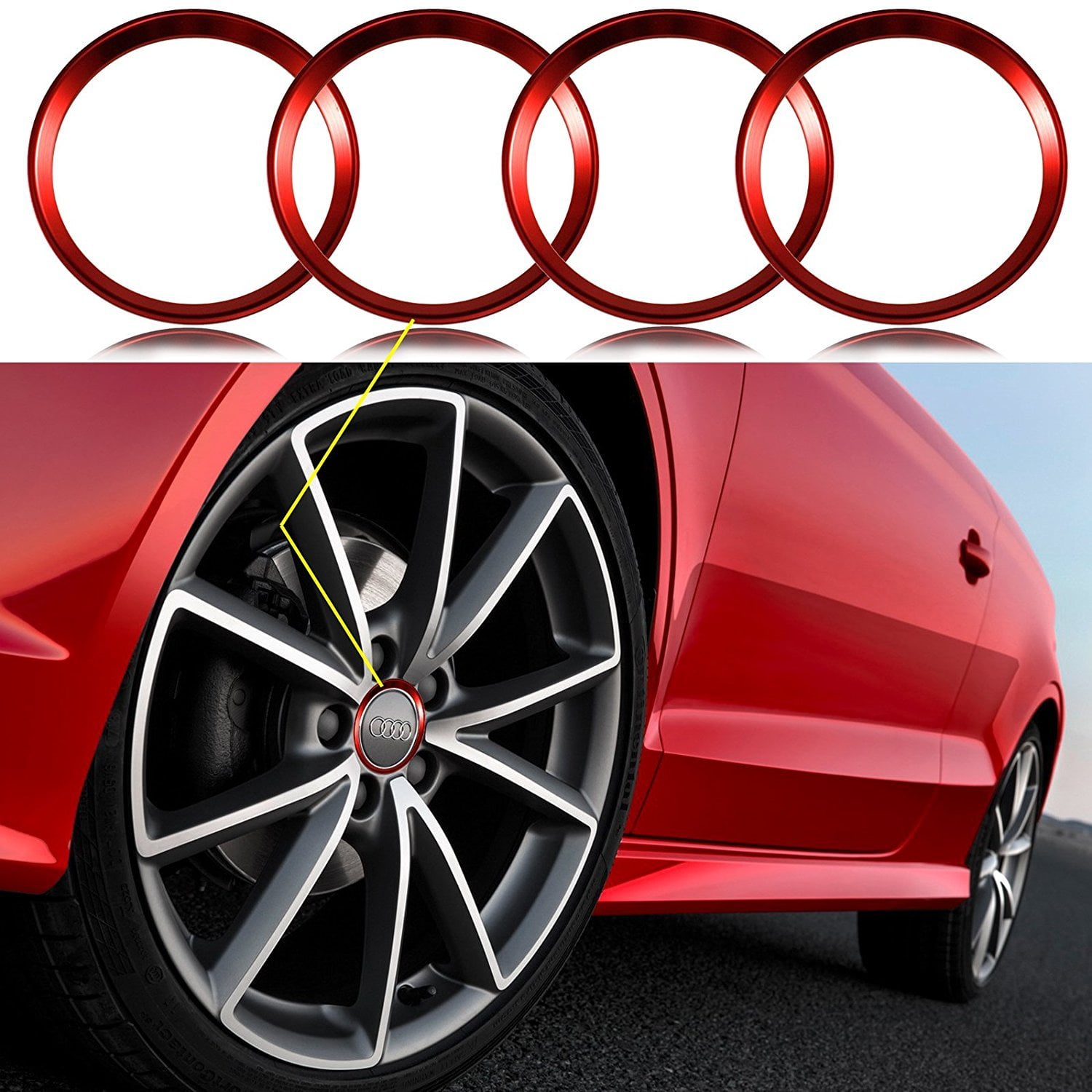 Xotic Tech 4 Pieces Red Alloy Car Wheel Rim Center Cap Hub Rings Decoration for Audi A3 A4 A5 TT Quattro Fit BMW X1 X3 X5 1 3 5 6 7 Series