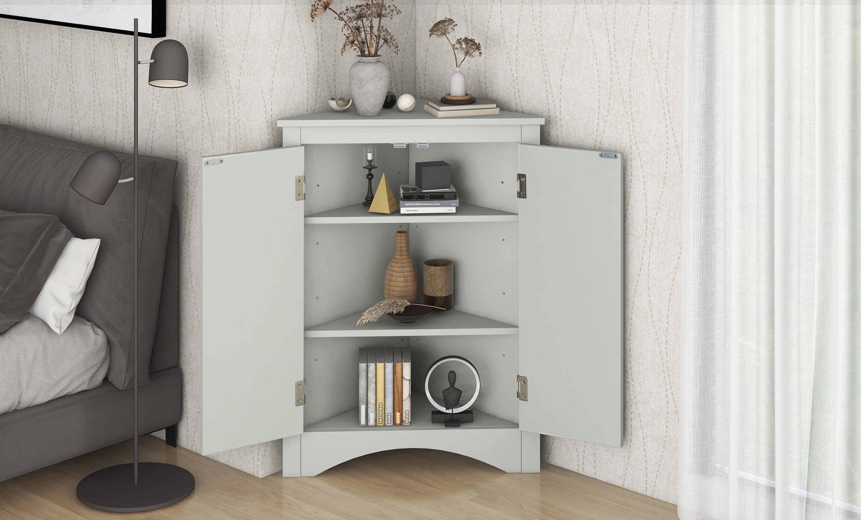 Euroco Triangle Bathroom Storage Cabinet with Adjustable Shelves, Freestanding Floor Cabinet for Home Kitchen