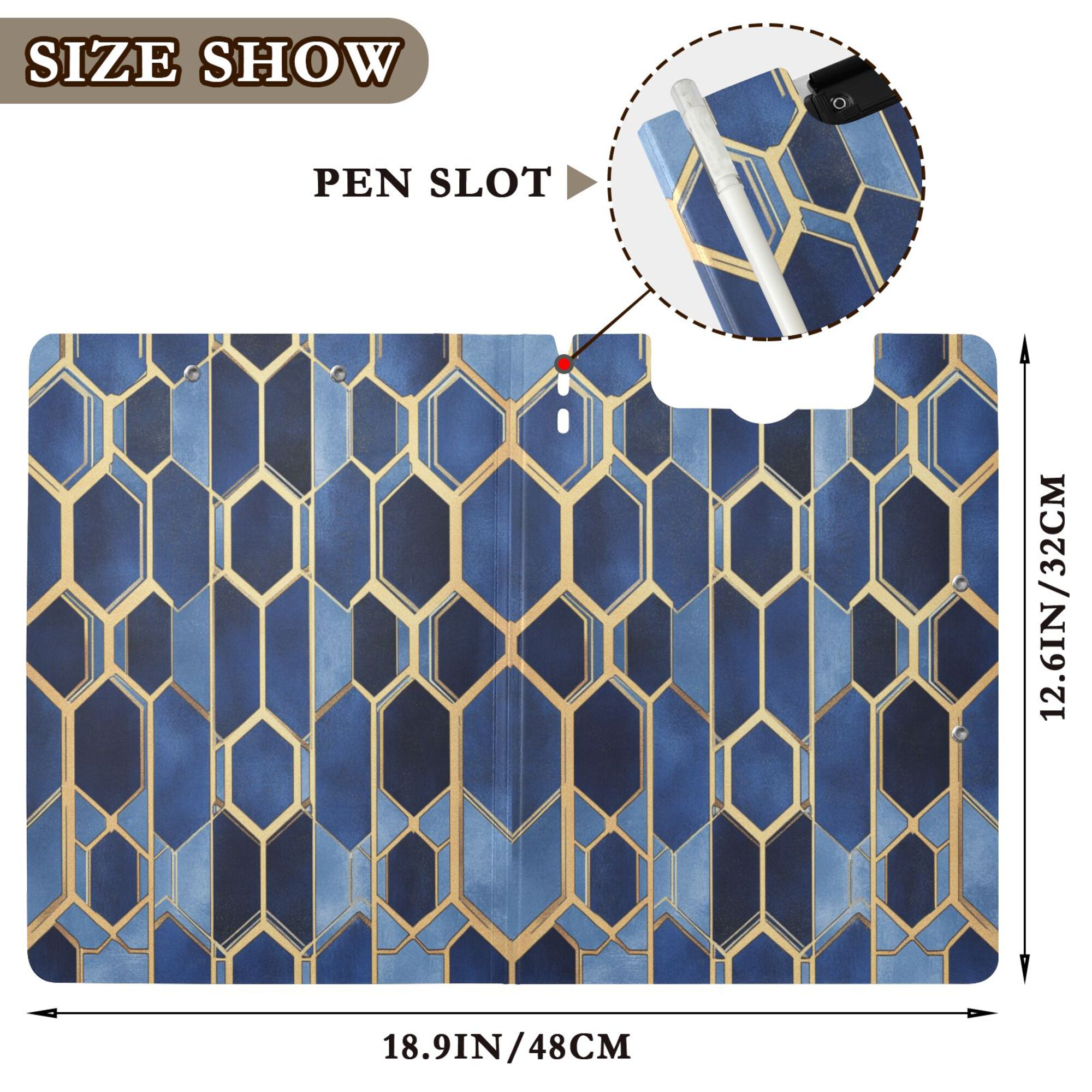 FORMRS A4 Clipboard Folder with Pen Holder Horizontal Foldable School Office Binder, Blue Hexagon Pattern