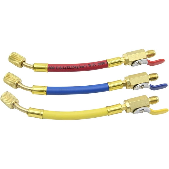 3Pcs Hvac Low Loss Fittings Set, R134A R410A R22 R12 Ball Valve with Charging Hoses Set, Air Condition Refrigeration High-Pressure Manifold Gauge Set, 1/4in SAE Thread, 7in