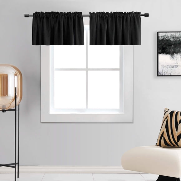 DONREN Cantonnières Noires de 15 Pouces de Long pour Fenêtres - 2 Panneaux Thème Occultant Cantonnières Isolées pour sous-Sol, 42 Pouces de Large Cantonnières de Cuisine avec Design à Poche pour Tringle, 2 Pack