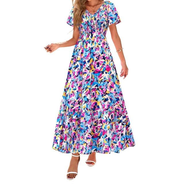 Vestido Maxi Boho Floral con Escote en V y Fruncido PRETTYGARDEN XXL
