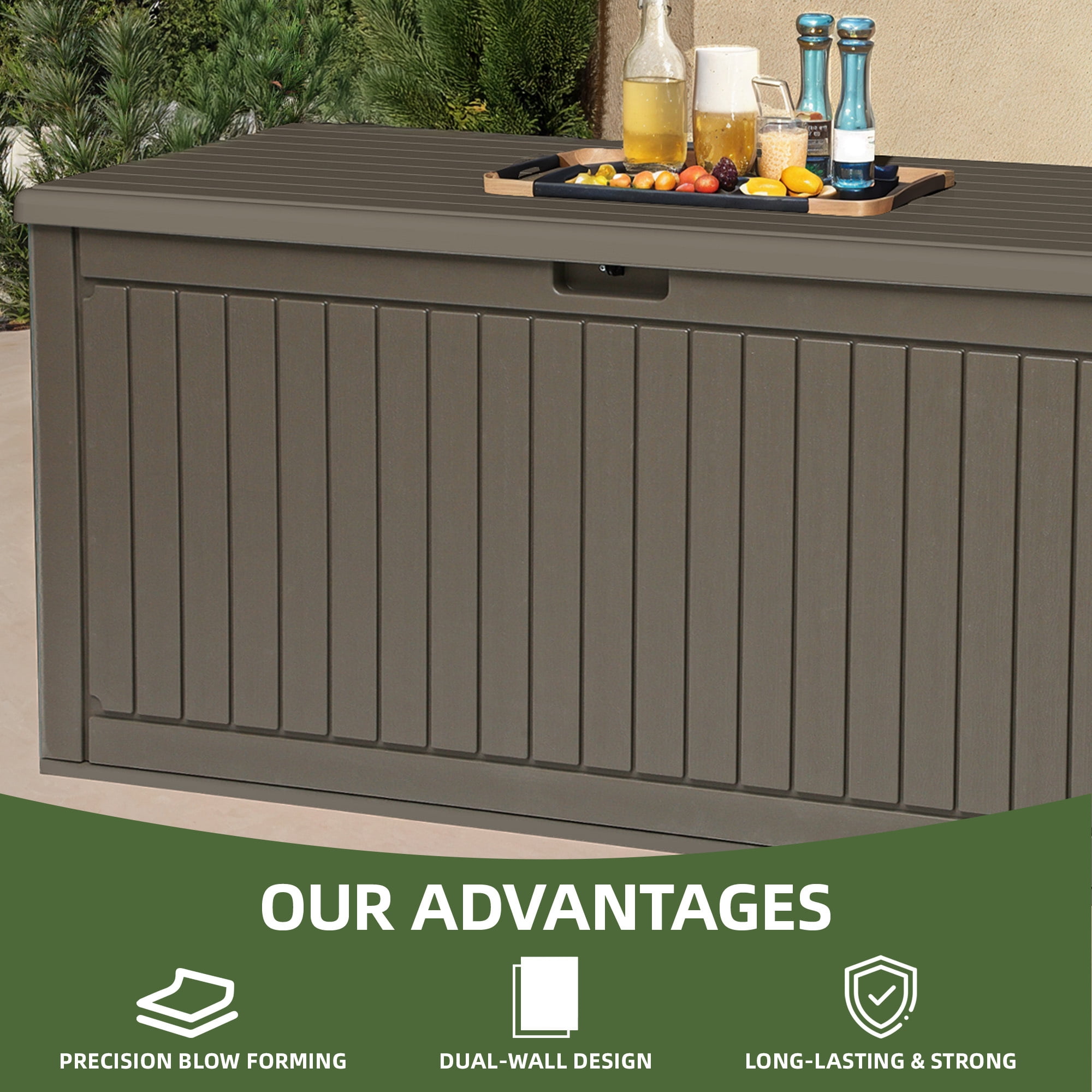 Uforic Outdoor 260 Gallon Large Resin Deck Box, Double-Wall Waterproof Lockable Storage Box with Flexible Divider & Side Handles, Light Brown