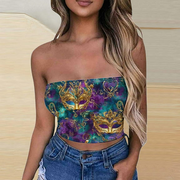SOOMLON Mardi Gras Tube Tops for Women Carnival Outfits Tuesday Party Sleeveless Tshirts Fancy Mask Print Tops Sexy Cropped Tops New Orleans Holiday Blouses 2025 Purple XL