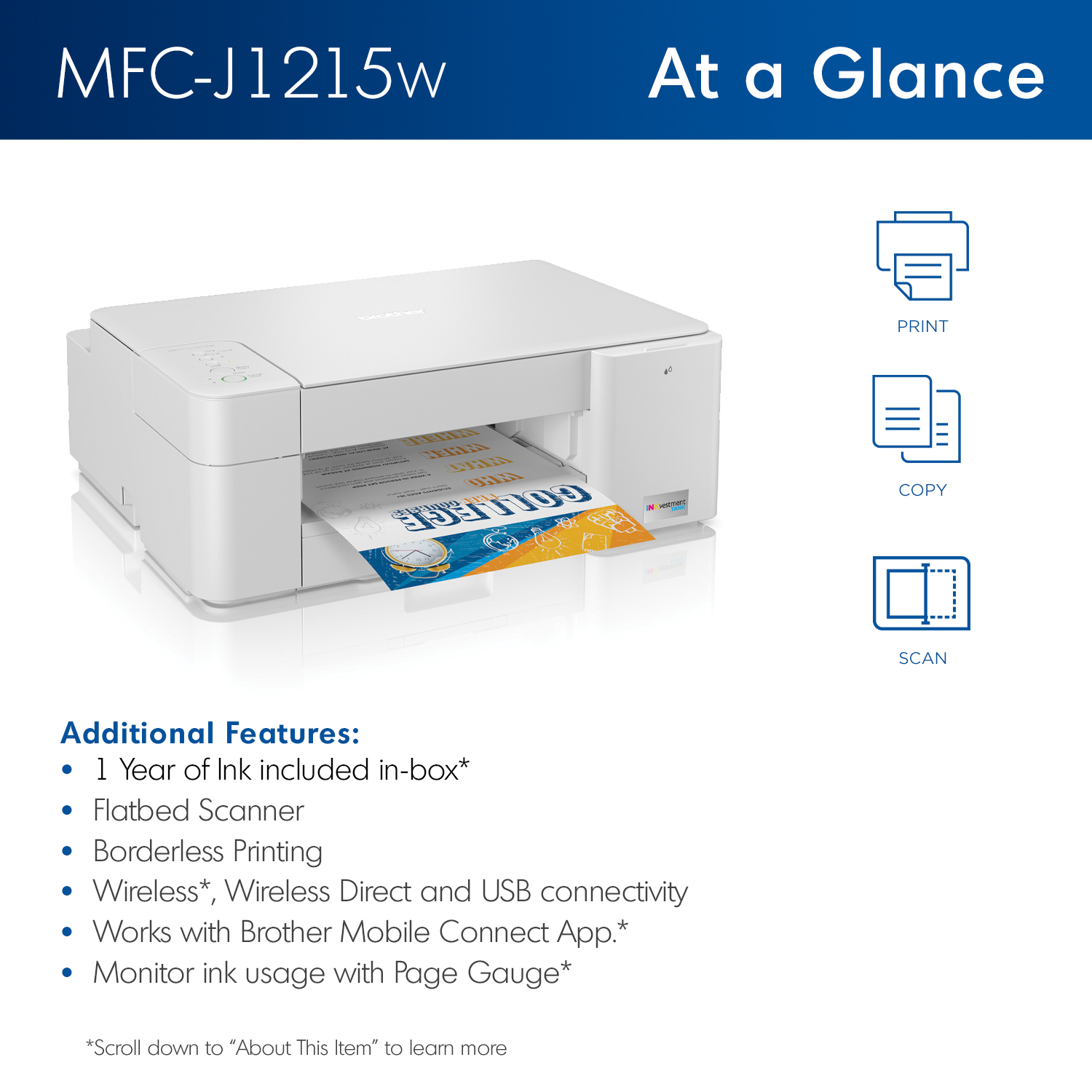 Brother MFC-J1215W INKvestment Tank Wireless Multifunction Color Inkjet Printer - image 4 of 12