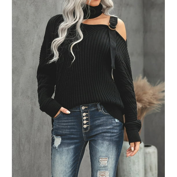 Women s Black Strapped Cut out Shoulder Turtleneck Sweater
