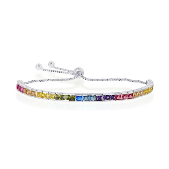 iJewelry2 Sterling Silver Channel-Set Multi-color Rainbow CZ 4mm Adjustable Bolo Bracelet