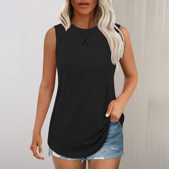 ITSAME Tank Tops for Womens, Loose Fit Crew Neck Curved Hem Summer Flowy Cami Shirts Black L