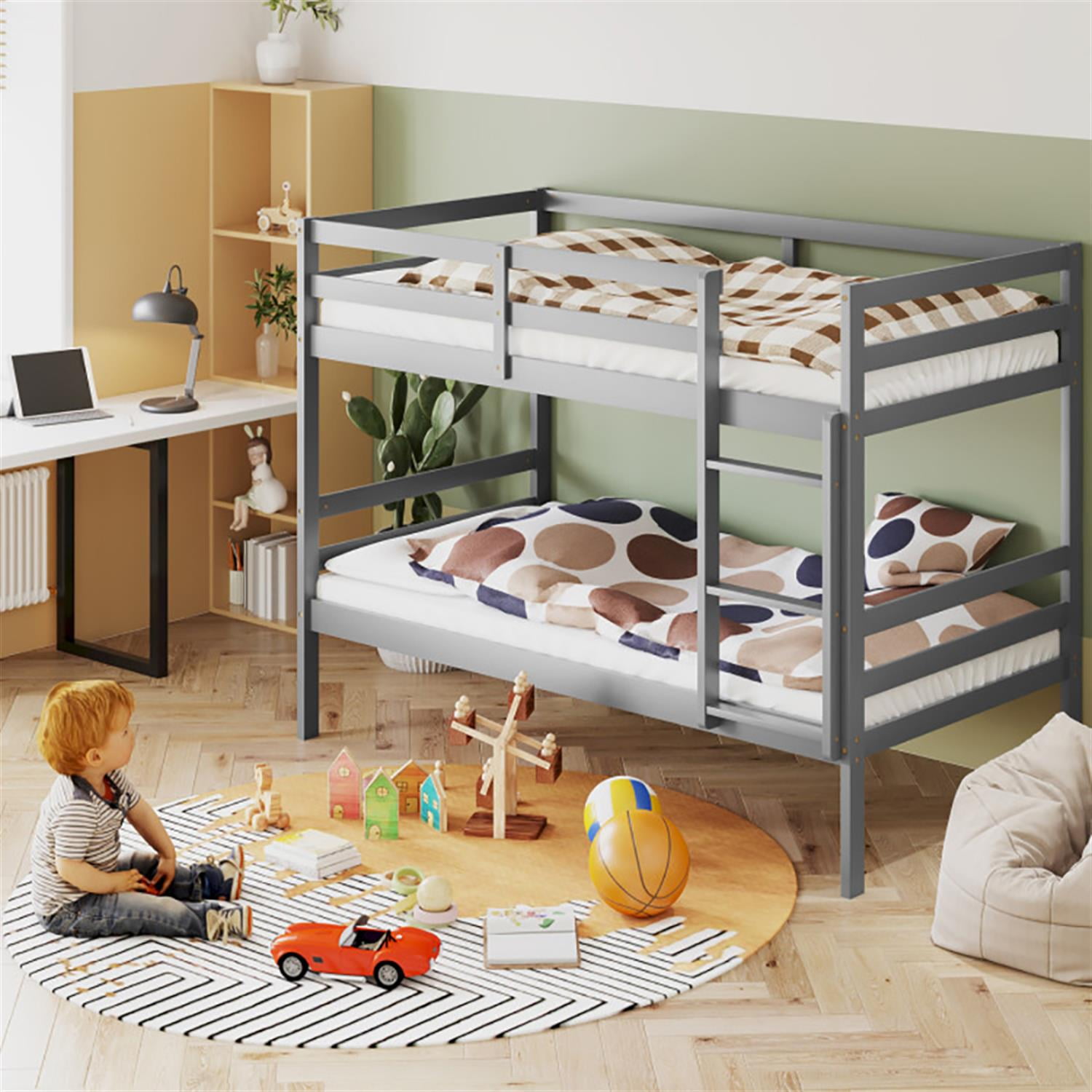 Demi Bonn Twin Size Over Wood Bunk Bed with Ladder and Safety Rail, Twin Sturdy Bunk Beds, Gray