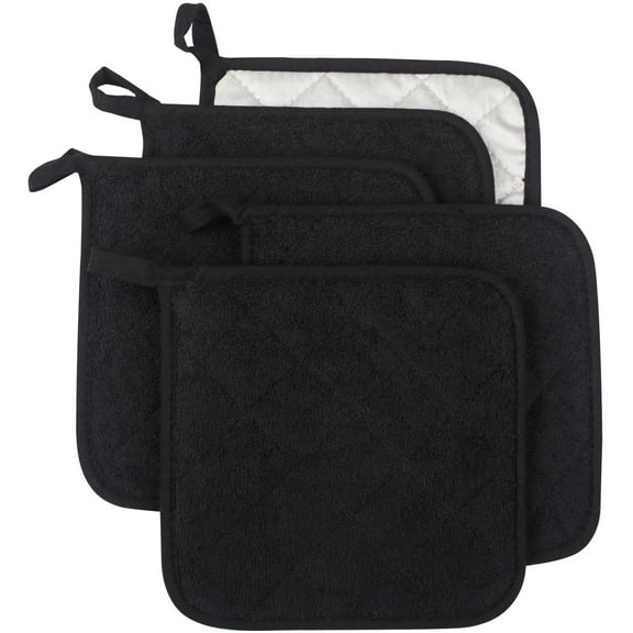100% Cotton Kitchen Everyday Basic Terry Pot Holder Heat Resistant Coaster Potholder for Cooking and Baking Set of 5 Black