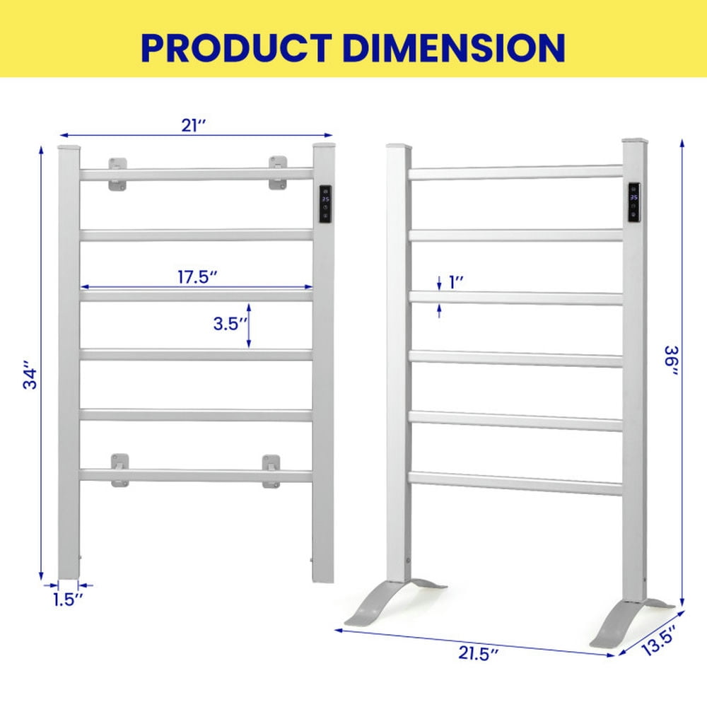 Finihen Wall Mounted Towel Warmer, Towel Rack, Towel Holder, Freestanding and Wall-mounted 6 Bars Towel Warmer with Timer and LED Display, for Bathroom, laundry Room, Silver